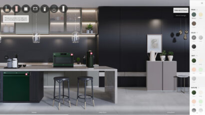 A picture of the virtual showroom to simulate selection of color and finish type of dishwasher, oven and water purifier from LG Furniture Concept Appliance