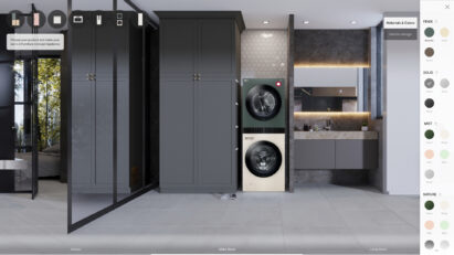 A picture of the virtual showroom to simulate selection of color and finish type of WashTower from LG Furniture Concept Appliance