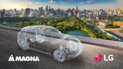 Illustration of a see-through electric vehicle cruising past the city skyline of Chongqing during the day, with the logos of LG and Magna below