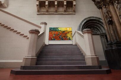 LG SIGNATURE OLED 8K TV stands on the stairway of the Pushkin State Museum of Fine Arts in Moscow, Russia, while displaying one of its famous paintings