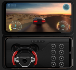 LG V60ThinQ 5G and LG Dual Screen being used to play a racing game with its second screen displaying a steering wheel and other game controls