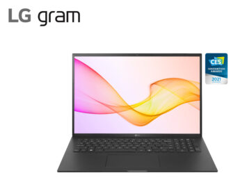 LG gram in black with is stylish new design beside the CES 2021 Innovation Awards Honoree logo