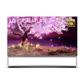 Front view of LG 8K OLED Z1 displaying a tree from fantasy with leaves illuminating bright purple in the night sky to showcase the display's amazing clarity, detail and realism
