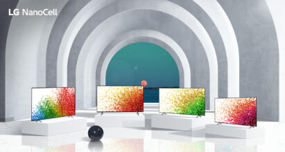 Four TVs from LG's 2021 NanoCell lineup standing side-by-side in large and modern arched hallway