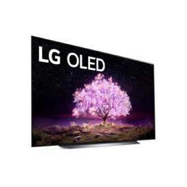 Front left-side view of LG 8K OLED Z1 displaying a tree from fantasy with leaves illuminating bright purple to showcase the display's amazing clarity, detail and realism