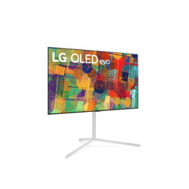 Front left-side view of LG's 65-inch OLED evo G1 on its stand as it displays a colorful abstract artwork on its screen