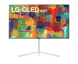 Front view of LG's 65-inch OLED evo G1 on its stand while displaying a colorful abstract artwork on its screen