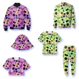 Two vibrant and playful LG VELVET-themed prints designed by Hayley Elsaesser shown on various clothing.