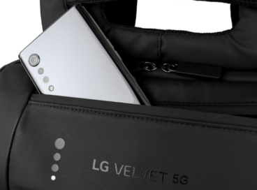 A close-up of the waterproof backpack designed by George Sully with LG VELVET completing the look in its pocket.