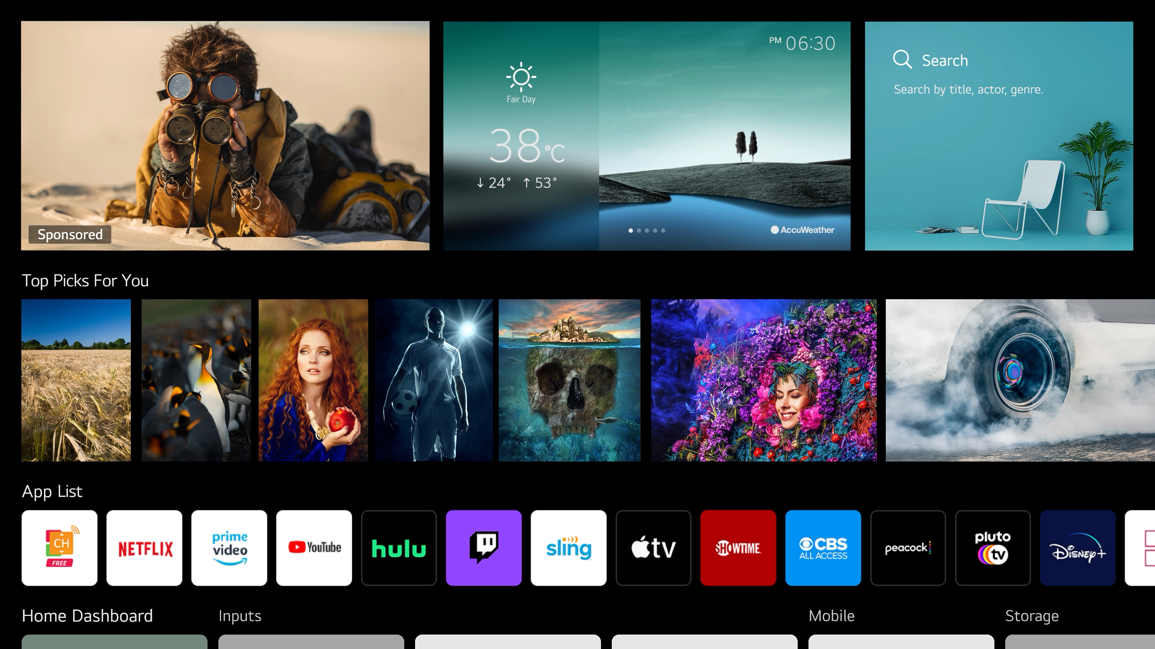 Screenshot of LG webOS’s New Home screen which provides an overview of the most frequently used apps, content and useful features for easier access