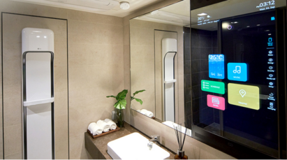 The LG ThinQ Home’s bathroom featuring a smart mirror which allows users to enjoy their daily routine while searching the latest news or listening to music.