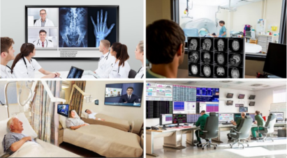 Four pictures taken inside a healthcare facility showing the various applications of LG’s B2B solutions in the medical field.
