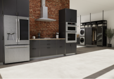 A photo featuring LG's luxury Signature Kitchen Suite and advanced home appliances including Styler and WashTower together in a modern house.