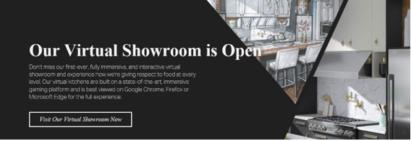 A screenshot of the online gateway to LG's virtual showroom with photos of kitchen displays featuring the LG appliances available during KBIS 2021.