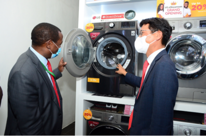 Kim Sa-nyoung, managing director of LG Electronics East Africa, explaining the features of LG's washing machine as COVID-19 safety protocols are strictly observed.