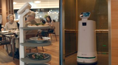 LG CLOi ServeBot bringing pasta and pizza to diners at a restaurant on the left, and it exiting an elevator by itself on the right.