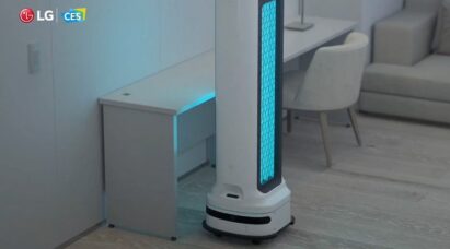 A close-up of LG CLOi UV Robot working in a home.
