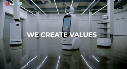 A picture of the three different LG CLOi robots gathered with the phrase 'we create values' overlapping.