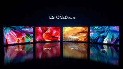 Four different OLED TV models from the LG 2021 TV lineup showcased in a dark room