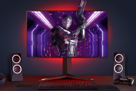 The complete gaming setup boasting an LG UltraGear™ gaming monitor which is displaying a futuristic shooting title, a controller for console play, speakers, headphones and a keyboard.