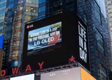 A photo of LG's expansive digital billboard in Time Squares featuring a clip from the YouTube Originals series, 'Life in a Day.'