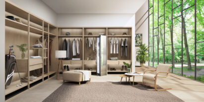 LG Styler adding a touch of elegance to an open walk-in closet.