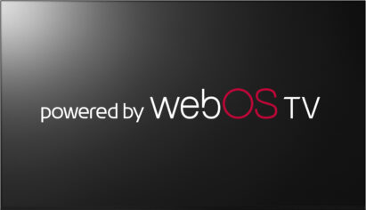 A TV display showing 'the powered by webOS TV' logo on its black screen