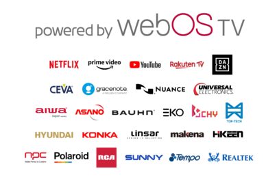 The large 'powered by webOS TV' logo with smaller logos of 26 brands joining the webOS TV ecosystem below