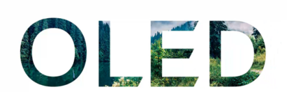 The LG 'OLED' logo made from a photo of a rainforest.