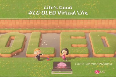 Two player avatars in popular Nintendo game 'Animal Crossing' pose with the LG OLED TV and 'OLED’ lettering, which have been terraformed into the pond behind them.