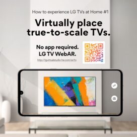 The first image of ‘How to experience LG TVs at Home’ shows a smartphone and a QR code that leads to the virtual space equipped with an LG TV.