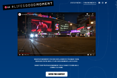 A screenshot of the LG Life’s Good Moment webpage where fans can watch a video before clicking a link below to enter the competition.