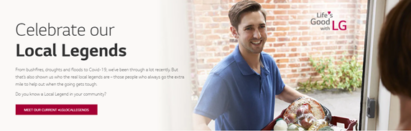 A screenshot of the online gateway to LG's website, featuring Australia's local legends with a man delivering groceries to someone’s door.