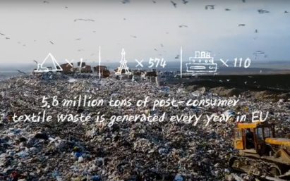 An overflowing landfill with information stating how 5.8 million tons of post-consumer waste is generated every year in the EU.