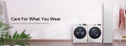 An image promoting LG’s Care for What You Wear campaign featuring LG’s Styler, Dryer and Washer.