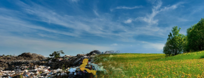 A photo showing half the landscape as a landfill and the other half as a beautiful meadow