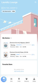 Laundry Lounge app shows washing and drying process, remaining time and when the cycle ends.