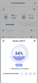 Laundry Lounge app shows process of washing and remaining time and let user set alarm to ring 5, 10, 20 and 30 minutes before finish.