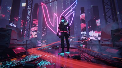 The winning entry of LG’s art contest which places the UltraGear logo in the middle of a futuristic city setting with vibrant neon colors and a video game character standing in the foreground.