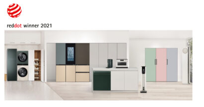 A collection of LG’s 2021 Red Dot Award-winning home appliances displayed in a modern setting.