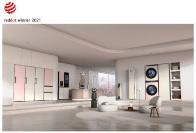 LG's collection of Red Dot Award-winning home appliances including its air conditioner, Styler, refrigerator and more are displayed in a modern, spacious living room to give the space a greater sense of style.