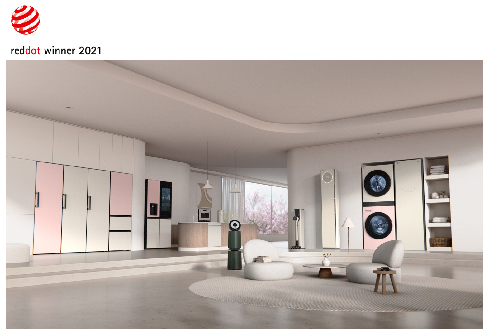 LG's collection of Red Dot Award-winning home appliances including its air conditioner, Styler, refrigerator and more are displayed in a modern, spacious living room to give the space a greater sense of style.