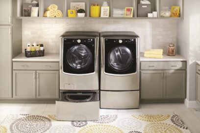 LG TWINWash in a laundry room with its extra drum open.