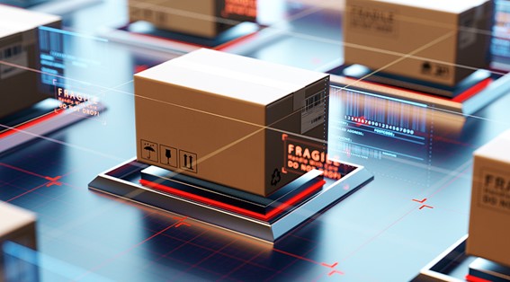 An image of boxes labelled 'fragile’ positioned in a futuristic grid system