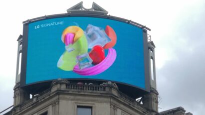 A close-up photo of LG's digital billboard in Piccadilly Circus, London with an animation representing LG SIGNATURE Refrigerator