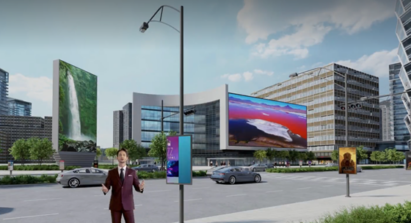 A presenter explains LG's signage technologies used on a building behind him during the company's online virtual tour.