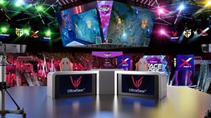 A close-up of the esports stadium's main stage which utilizes LG signage and LG UltraGear monitors and can be experienced during the company's virtual tour