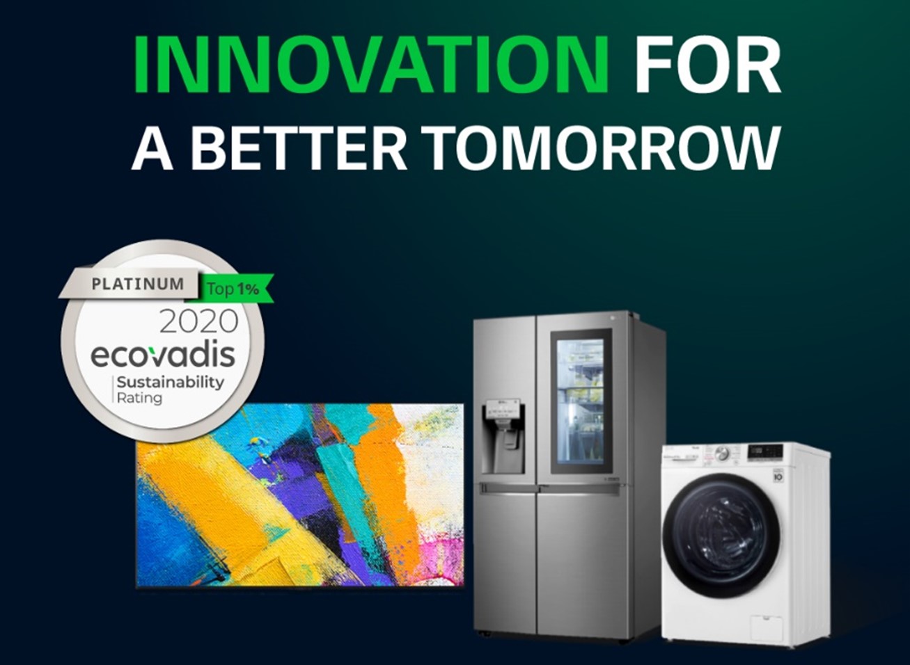 An image promoting ‘Innovation for a Better Tomorrow’ featuring LG's TV, refrigerator and washer alongside Ecovadis’ platinum top 1% sustainability rating