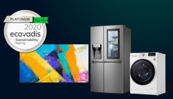 An image promoting ‘Innovation for a Better Tomorrow’ featuring LG's TV, refrigerator and washer alongside Ecovadis’ platinum top 1% sustainability rating