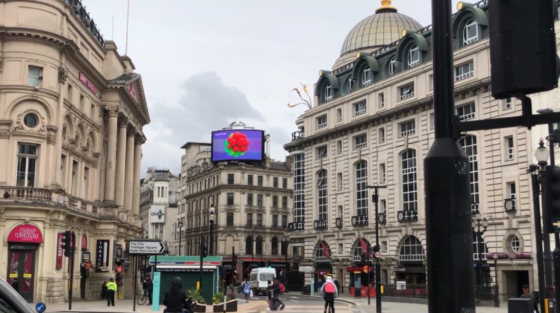 LG's digital billboard in Piccadilly Circus, London displaying an animation representing the function of LG SIGNATURE Wine Cellar